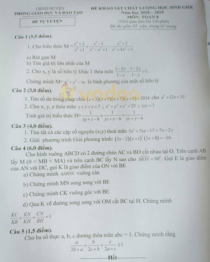 Đề thi chọn học sinh giỏi lớp 8 môn Toán năm học 2018 - 2019