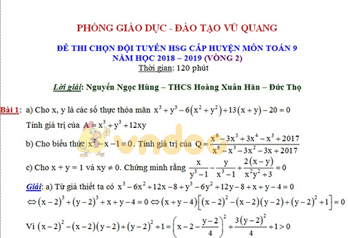 Đề thi chọn học sinh giỏi lớp 9 môn Toán trường THCS Hoàng Xuân Hãn, Hà Tĩnh năm học 2018 - 2019 (vòng 2)