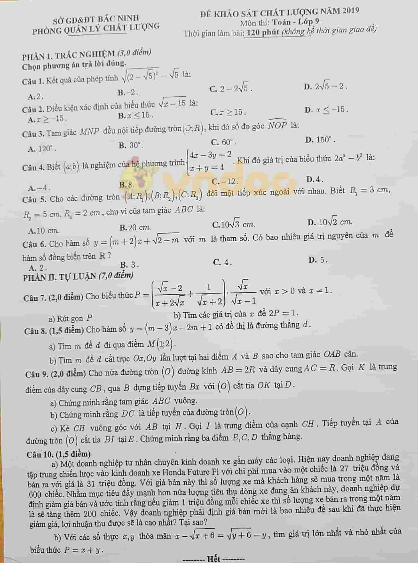 Đề thi khảo sát chất lượng lớp 9 môn Toán Sở GD&ĐT Bắc Ninh năm học 2018 - 2019