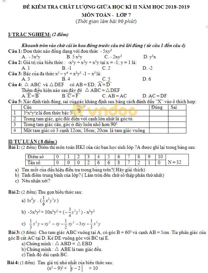 Đề kiểm tra chất lượng giữa học kì 2 lớp 7 môn Toán năm học 2018 - 2019