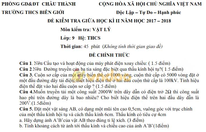 Đề thi giữa học kì 2 lớp 9 môn Hóa học trường THCS Biên Giới, Châu Thành năm học 2017 - 2018