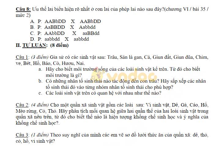 Đề thi giữa học kì 2 lớp 9 môn Sinh học Trường THCS Biên Giới, Châu Thành năm học 2017 - 2018