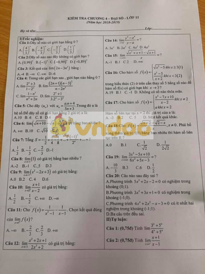 Đề kiểm tra lớp 11 môn Toán Đại số chương 4 năm 2018 - 2019