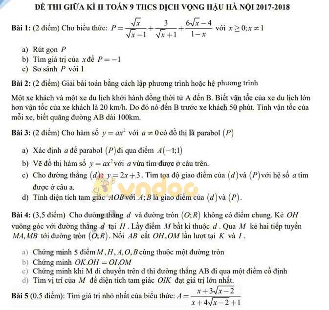 Đề thi giữa học kì 2 lớp 9 môn Toán trường THCS Dịch Vọng Hậu năm học 2017 – 2018