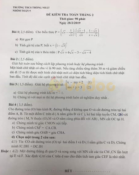 Đề kiểm tra tháng 2 lớp 9 môn Toán trường THCS Thốn Nhất năm học 2018 – 2019