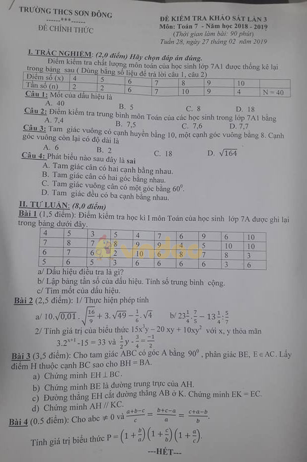 Đề thi giữa học kì 2 lớp 7 môn Toán trường THCS Sơn Đông năm học 2018 - 2019 (Lần 3)
