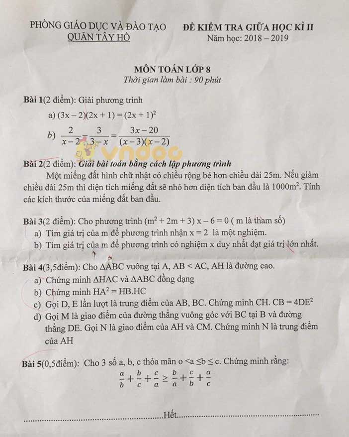 Đề Thi Giữa Học Kì 2 Lớp 8 Môn Toán Phòng GdandĐt Quận Tây Hồ Năm Học