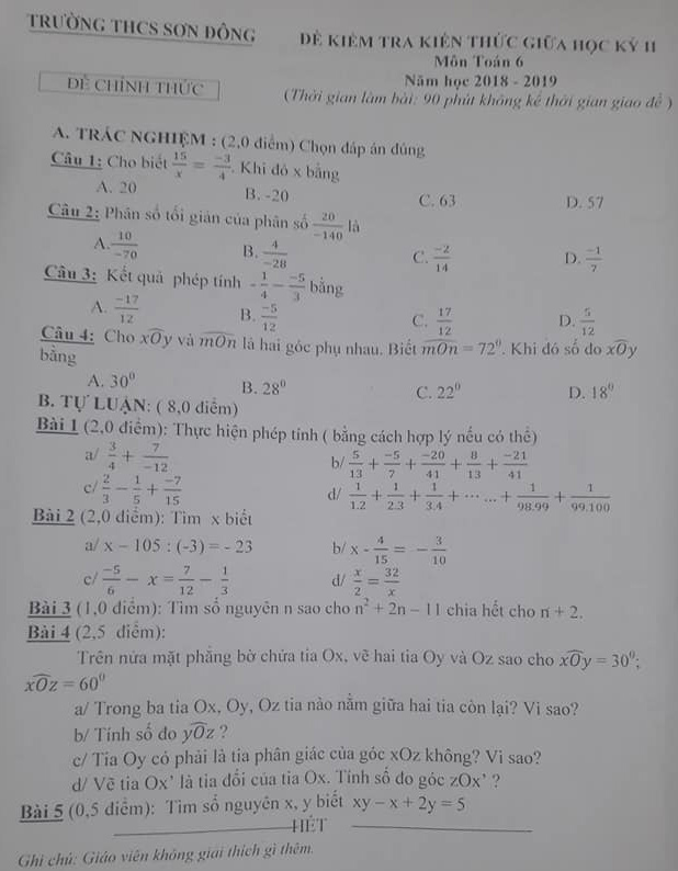 Đề thi giữa học kì 2 lớp 6