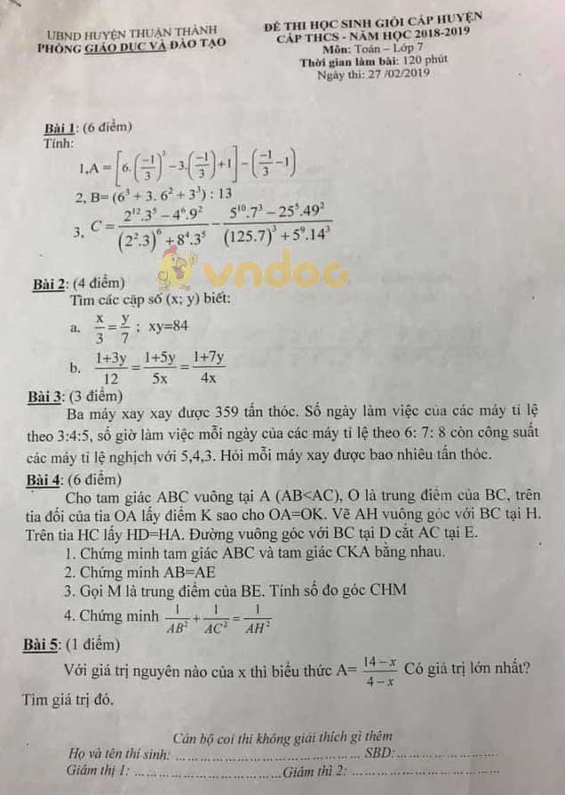 Đề thi chọn học sinh giỏi cấp huyện lớp 7 môn Toán Phòng GD&ĐT huyện Thuận Thành năm học 2018 - 2019