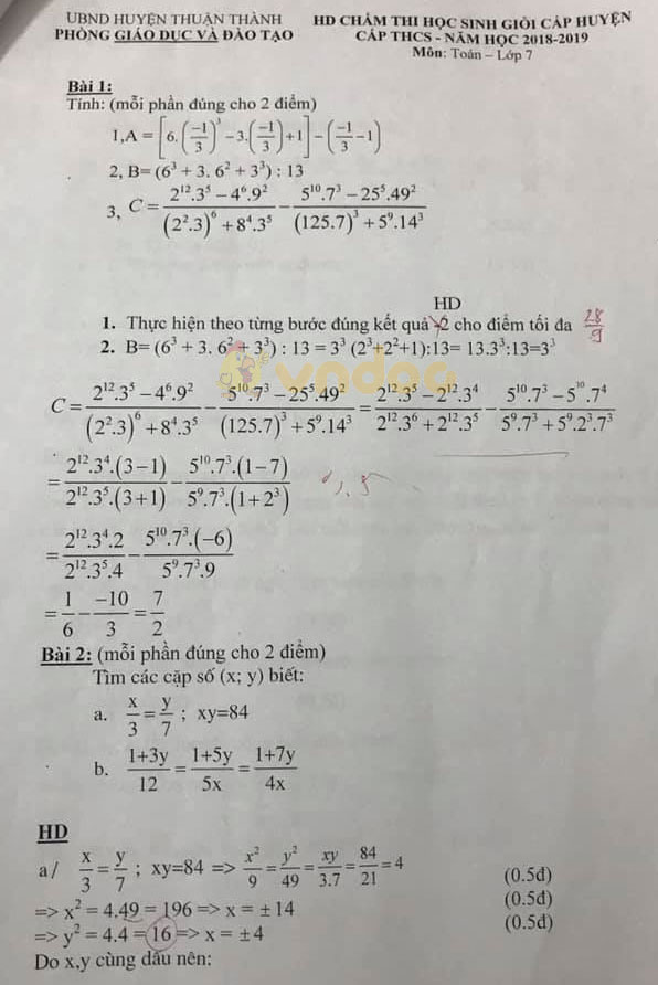 Đề thi chọn học sinh giỏi cấp huyện lớp 7 môn Toán Phòng GD&ĐT huyện Thuận Thành năm học 2018 - 2019