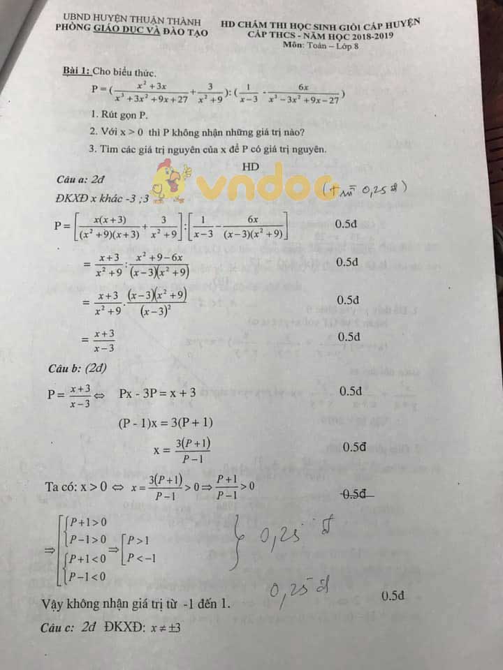 Đề thi chọn học sinh giỏi cấp huyện lớp 8 môn Toán Phòng GD&ĐT huyện Thuận Thành năm học 2018 - 2019