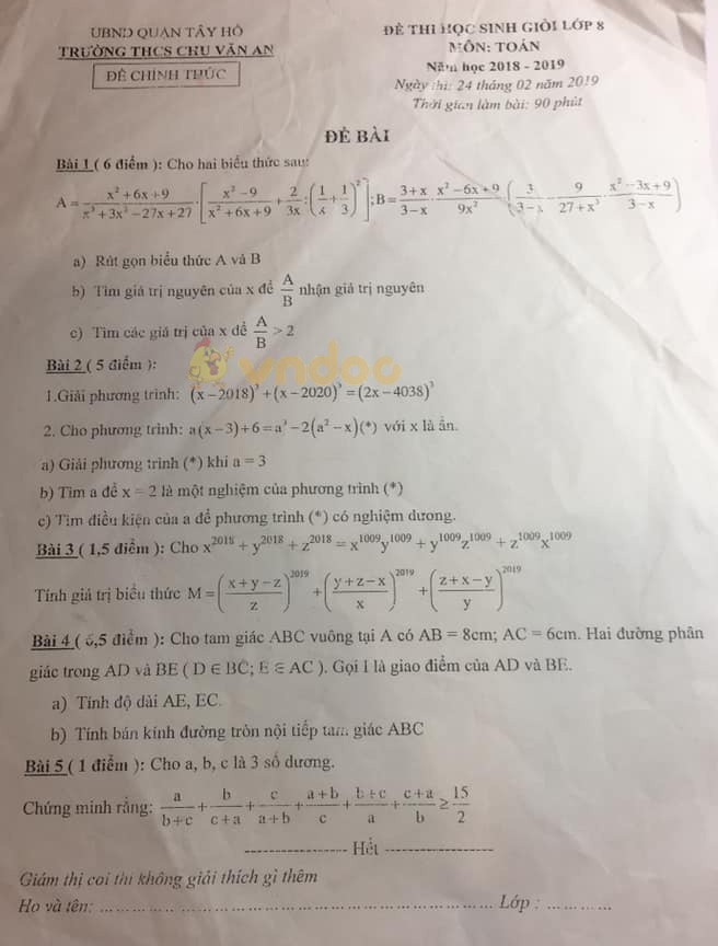 Đề thi chọn học sinh giỏi lớp 8 môn Toán trường THCS Chu Văn An, quận Tây Hồ năm học 2018 - 2019