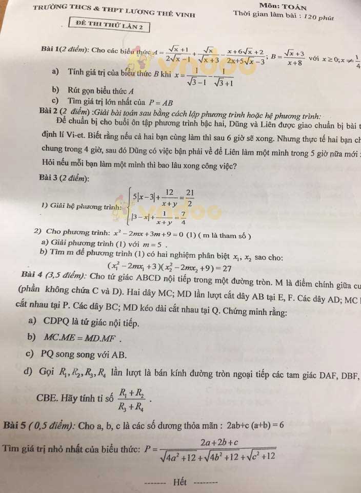 Đề thi thử vào lớp 10 môn Toán trường THCS & THPT Lương Thế Vinh năm học 2018 - 2019 (lần 2)