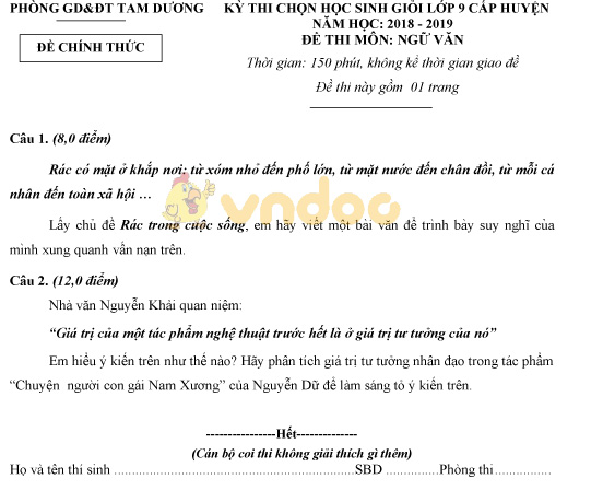 Đề thi chọn học sinh giỏi cấp huyện lớp 9 môn Ngữ văn Phòng GD&ĐT Tam Dương năm học 2018 - 2019