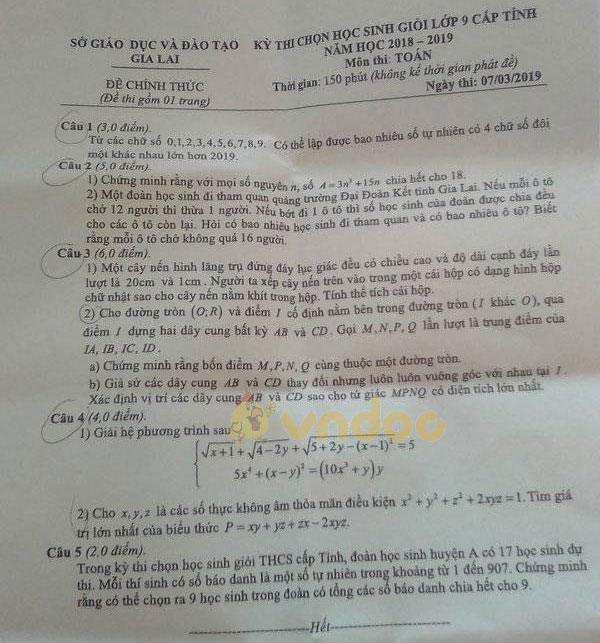 Đề thi chọn học sinh giỏi cấp tỉnh lớp 9 môn Toán Sở GD&ĐT Gia Lai năm học 2018 - 2019