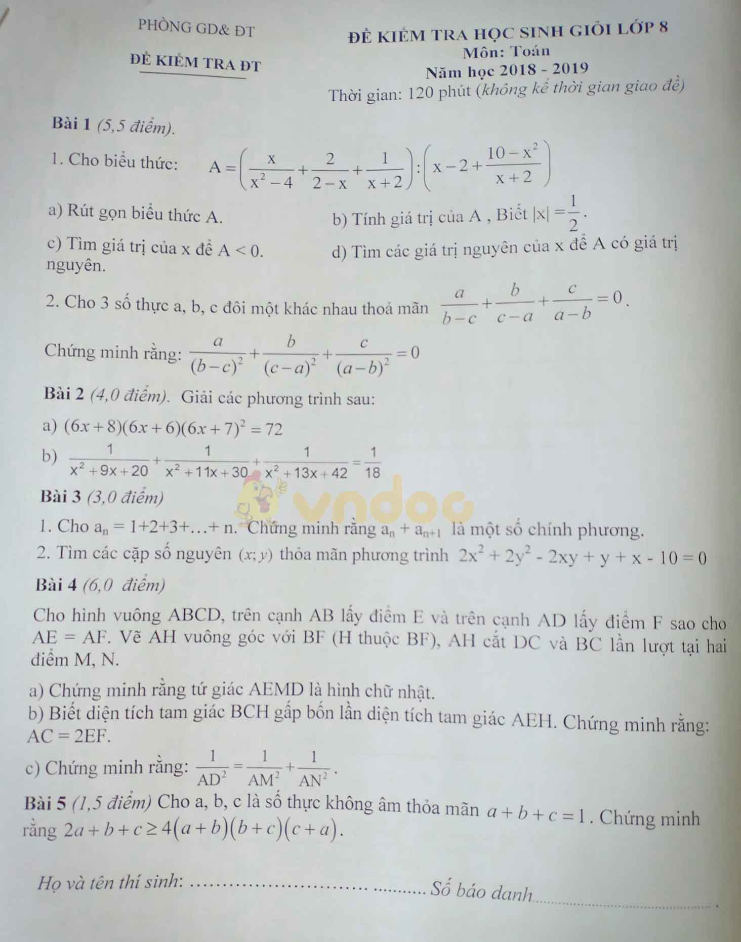 Đề thi chọn học sinh giỏi lớp 8 môn Toán Sở GD&ĐT Ninh Bình năm học 2018 - 2019