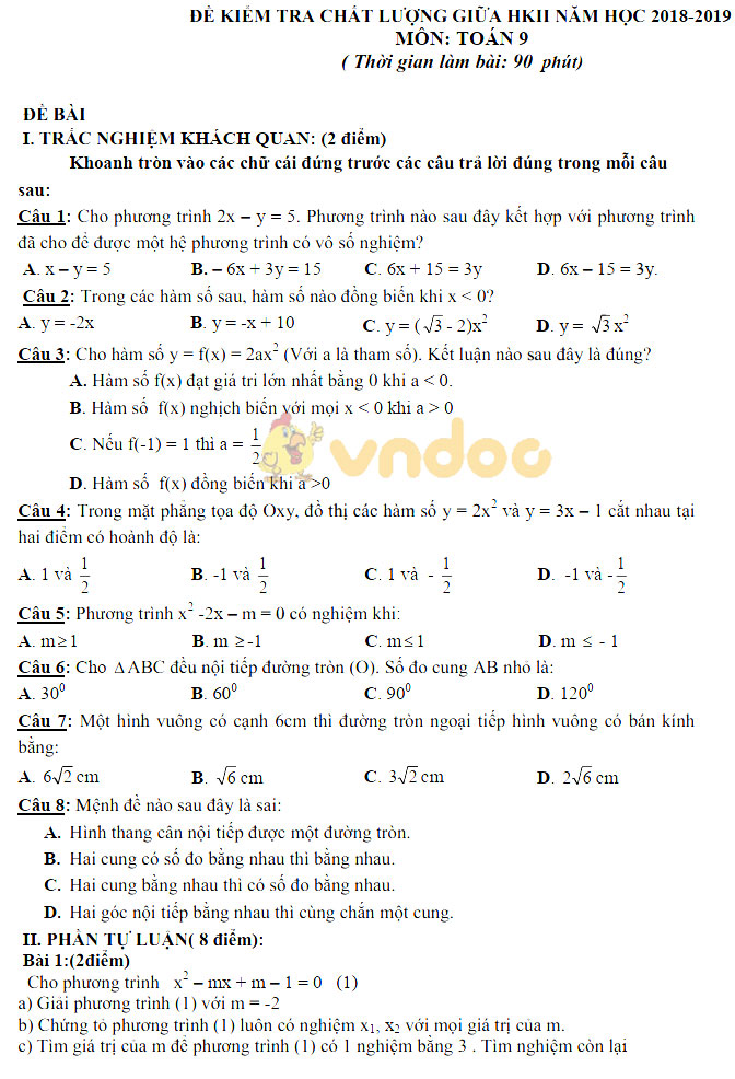 Đề thi giữa học kì 2 lớp 9 môn Toán năm học 2018 - 2019