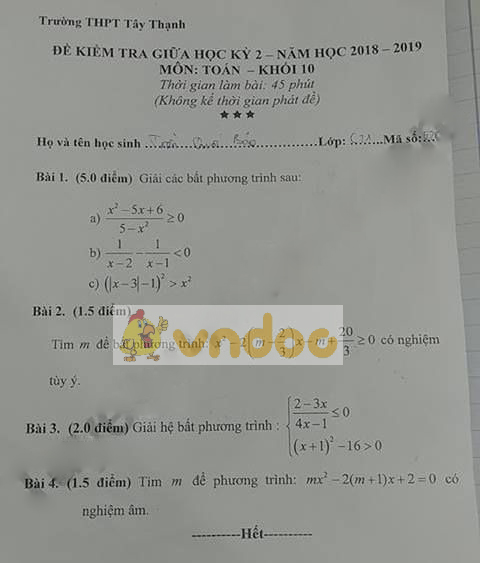 Đề thi giữa học kì 2 lớp 10 môn Toán