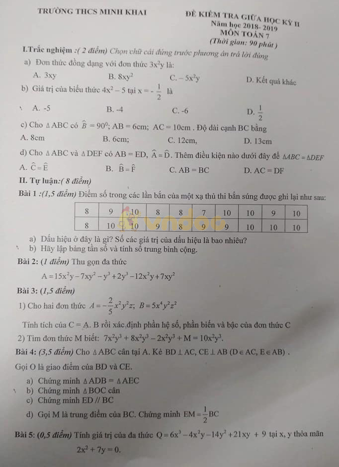 Đề thi giữa học kì 2 lớp 7 môn Toán trường THCS Minh Khai năm học 2018 - 2019