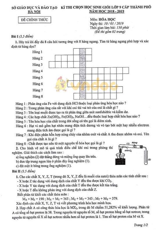 Đề thi chọn học sinh giỏi cấp thành phố lớp 9 môn Hóa học Sở GD&ĐT Hà Nội năm học 2018 - 2019
