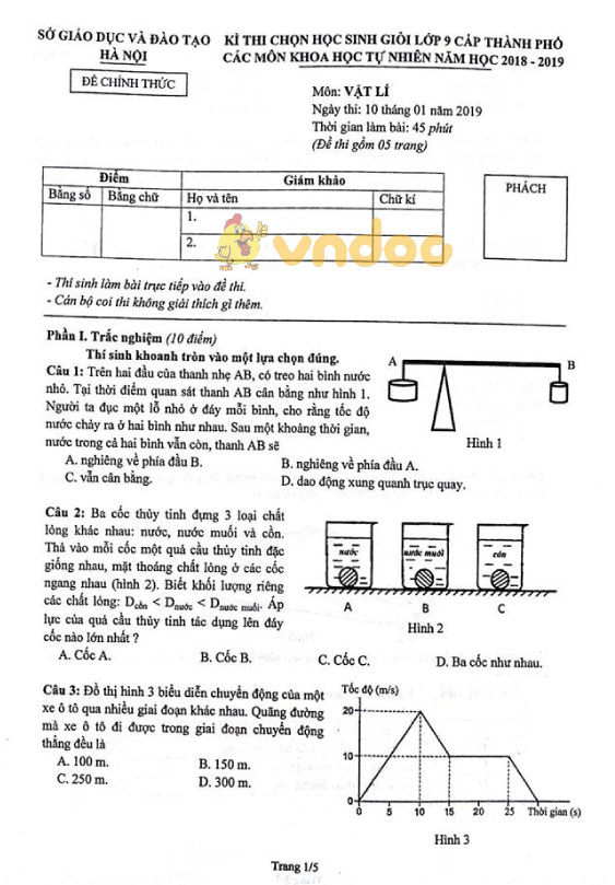 Đề thi chọn học sinh giỏi cấp thành phố lớp 9 Vật lý các môn Khoa học tự nhiên Sở GD&ĐT Hà Nội năm học 2018 - 2019