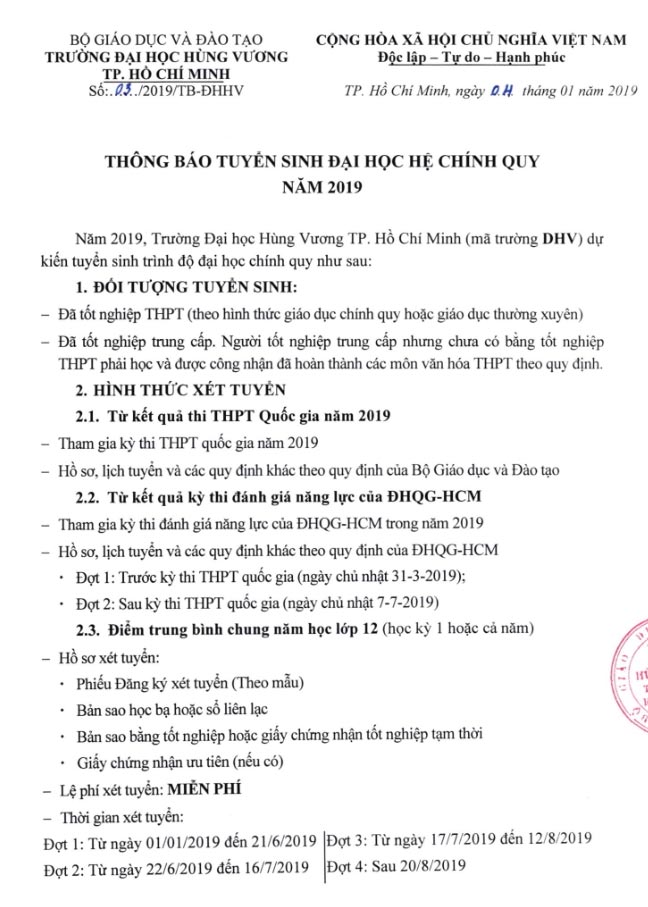 Điểm chuẩn Đại học Hùng Vương TP HCM