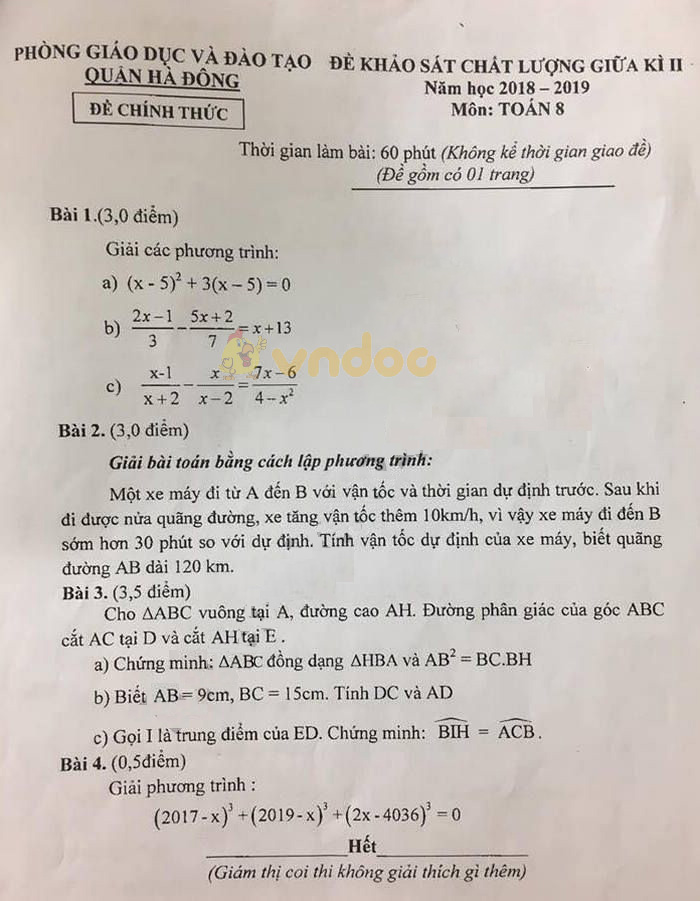 Đề thi giữa học kì 2 lớp 8 môn Toán Phòng GD&ĐT quận Hà Đông năm học 2018 - 2019
