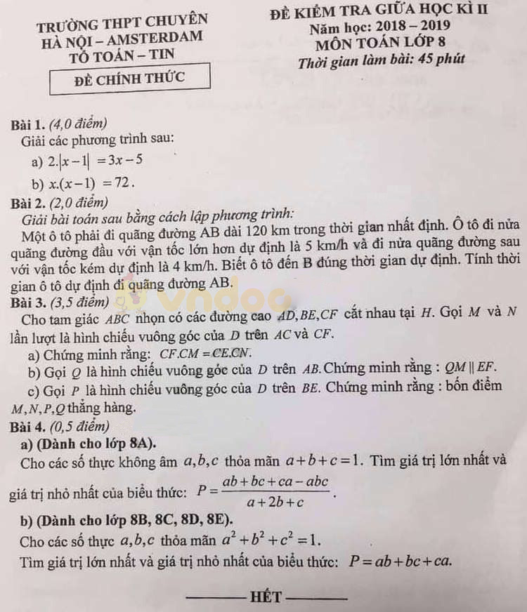 Đề thi giữa học kì 2 lớp 8 môn Toán trường THPT Chuyên Hà Nội - Amsterdam năm học 2018 - 2019