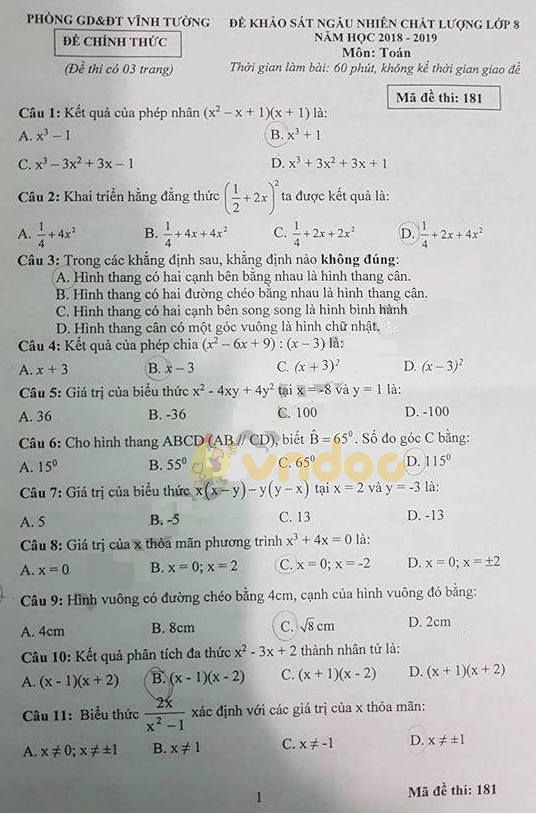Đề thi KSCL lớp 8 môn Toán Phòng GD&ĐT Vĩnh Tường năm học 2018 - 2019