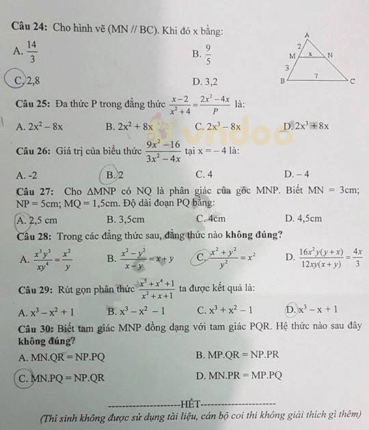 Đề thi KSCL lớp 8 môn Toán Phòng GD&ĐT Vĩnh Tường năm học 2018 - 2019