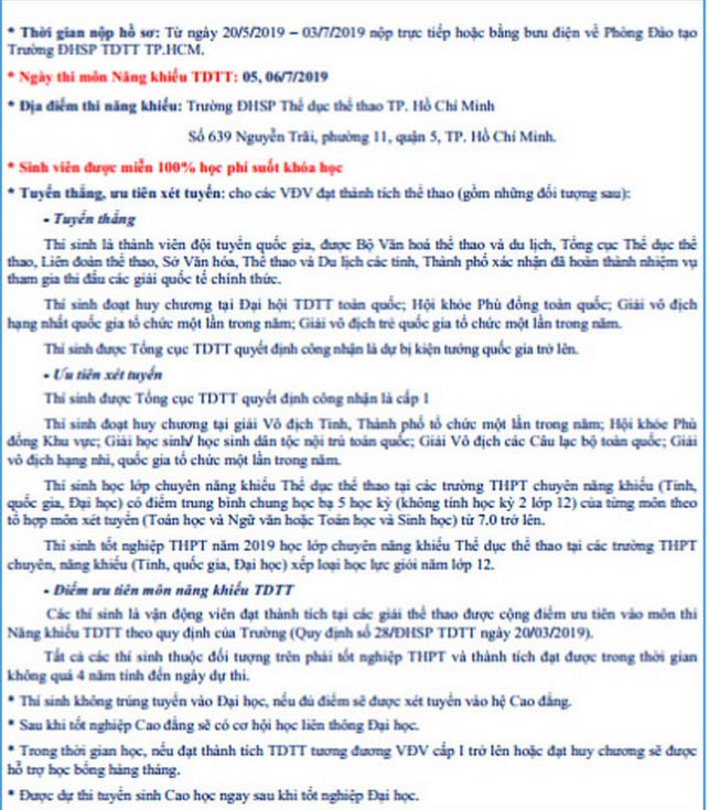 Phương án tuyển sinh của trường Đại học Sư phạm Thể dục Thể thao TP HCM