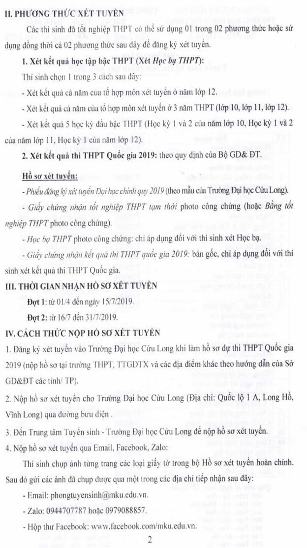 Phương án tuyển sinh của trường Đại học Cửu Long