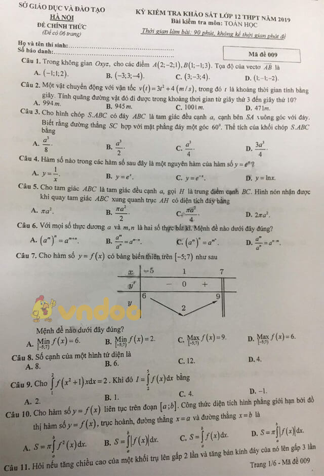 Đề thi thử THPT Quốc gia môn Toán năm 2019 Sở GD&ĐT Hà Nội