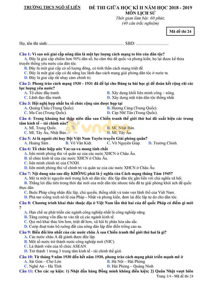 Đề thi giữa học kì 2 lớp 9 môn Toán trường THCS Ngô Sĩ Liên năm học 2018 - 2019 