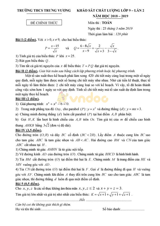 Đề thi KSCL lớp 9 môn Toán trường THCS Trưng Vương năm học 2018 - 2019 (lần 2)