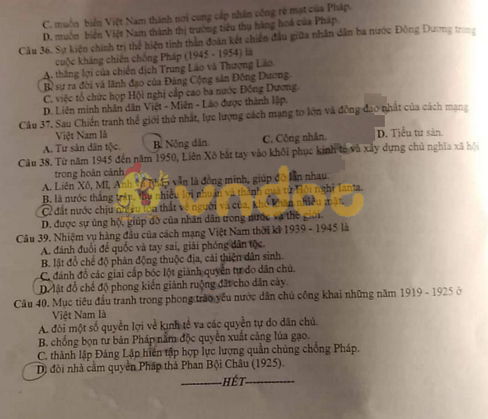 Đề thi thử THPT Quốc gia môn Lịch sử năm 2019 Sở GD&ĐT Hà Nội