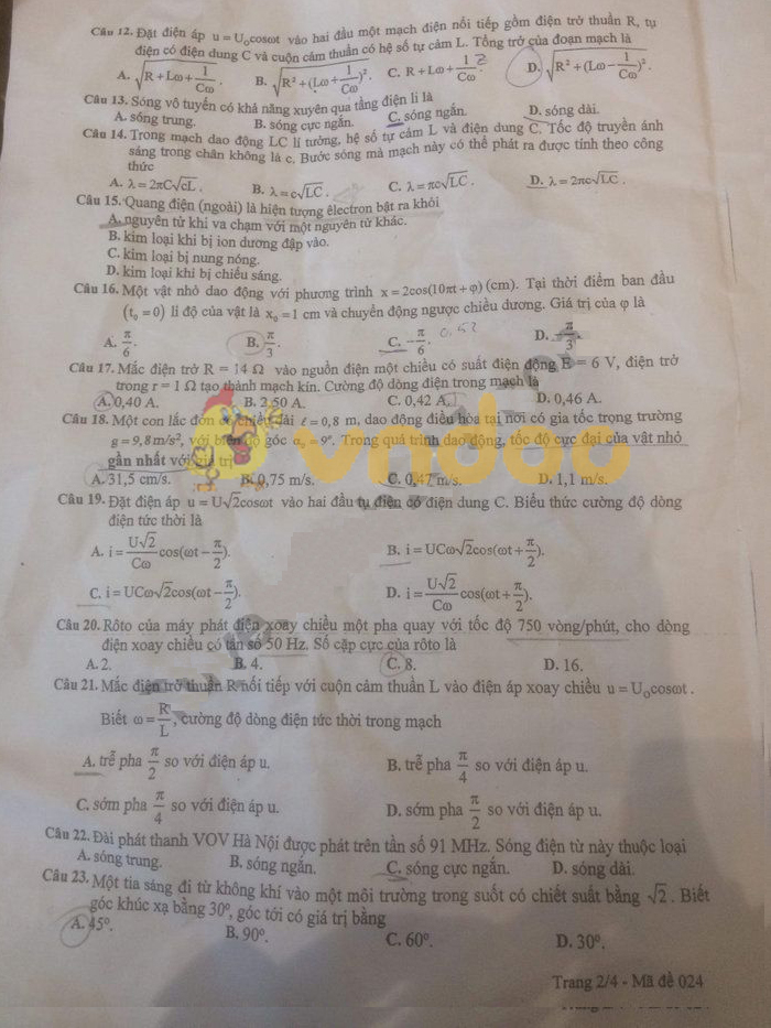 Đề thi thử THPT Quốc gia môn Vật lý năm 2019 Sở GD&ĐT Hà Nội