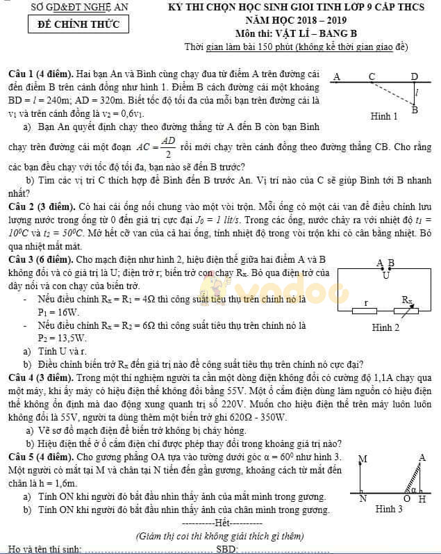 Đề thi chọn học sinh giỏi lớp 9 môn Vật lý Sở GD&ĐT Nghệ An năm học 2018 - 2019 (Bảng B)
