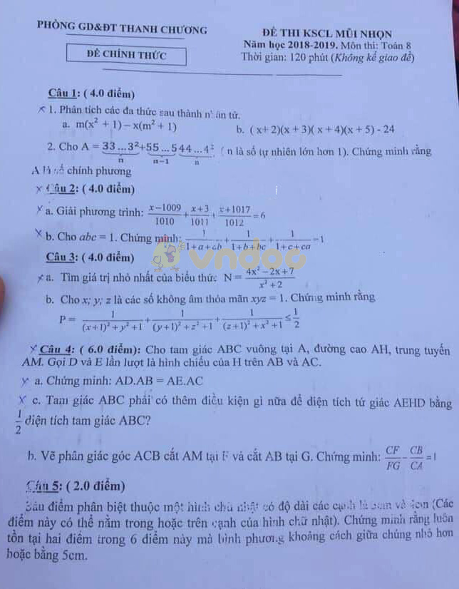 Đề thi KSCL Mũi Nhọn lớp 8 môn Toán Phòng GD&ĐT Thanh Chương năm học 2018 - 2019
