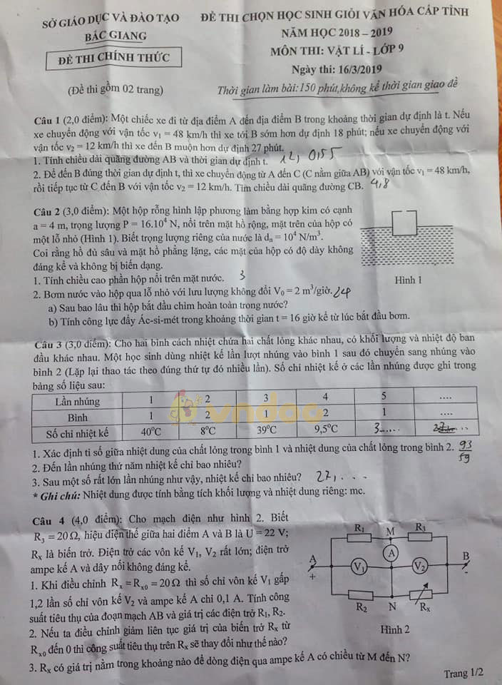 Đề thi chọn học sinh giỏi cấp tỉnh lớp 9 môn Vật lý Sở GD&ĐT Bắc Giang năm học 2018 - 2019