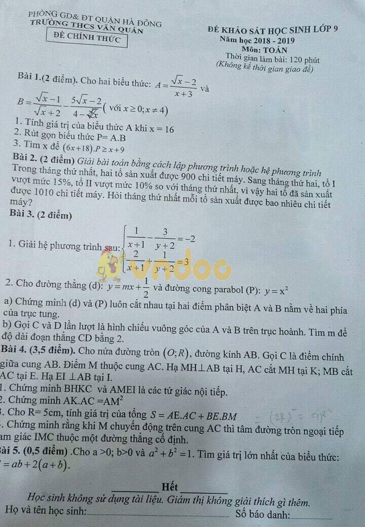 Đề thi khảo sát lớp 9 môn Toán trường THCS Văn Quán, Hà Đông năm học 2018 - 2019