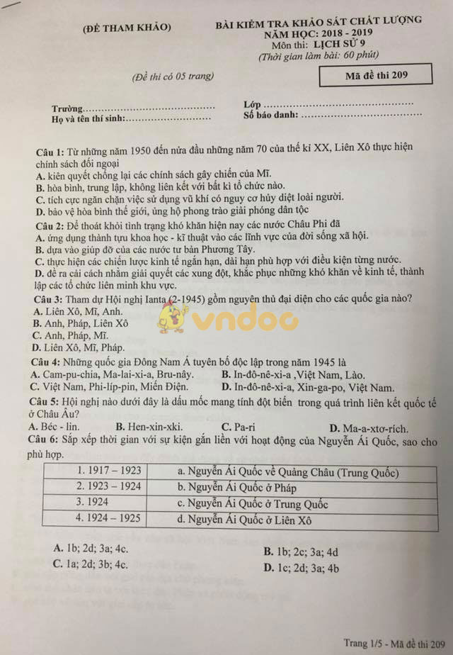 Đề thi KSCL lớp 9 môn Lịch Sử năm học 2018 - 2019
