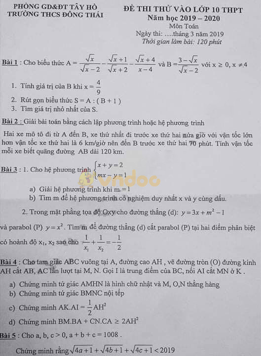 Đề thi thử vào lớp 10 môn Toán trường THCS Đông Thái, Tây Hồ năm học 2019 - 2020