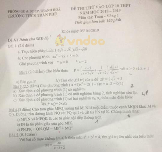 Đề thi thử vào lớp 10 môn Toán trường THCS Trần Phú, Thanh Hóa năm học 2018 - 2019 (vòng 1)