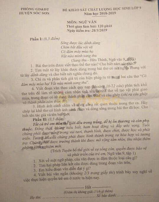 Đề thi thử vào lớp 10 môn Ngữ văn Phòng GD&ĐT huyện Sóc Sơn năm học 2019 - 2020