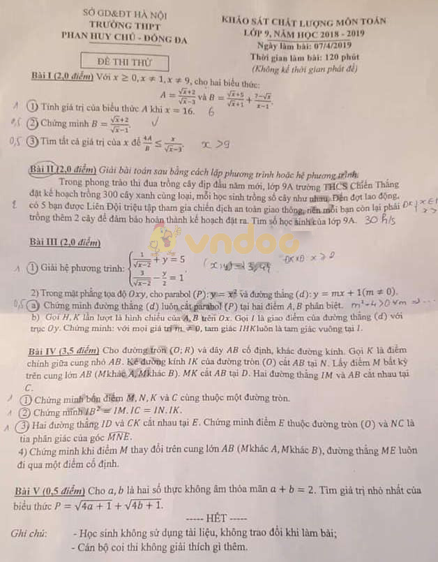 Đề thi thử vào lớp 10 môn Toán trường THPT Phan Huy Chú - Đống Đa - Hà Nội năm học 2019 - 2020