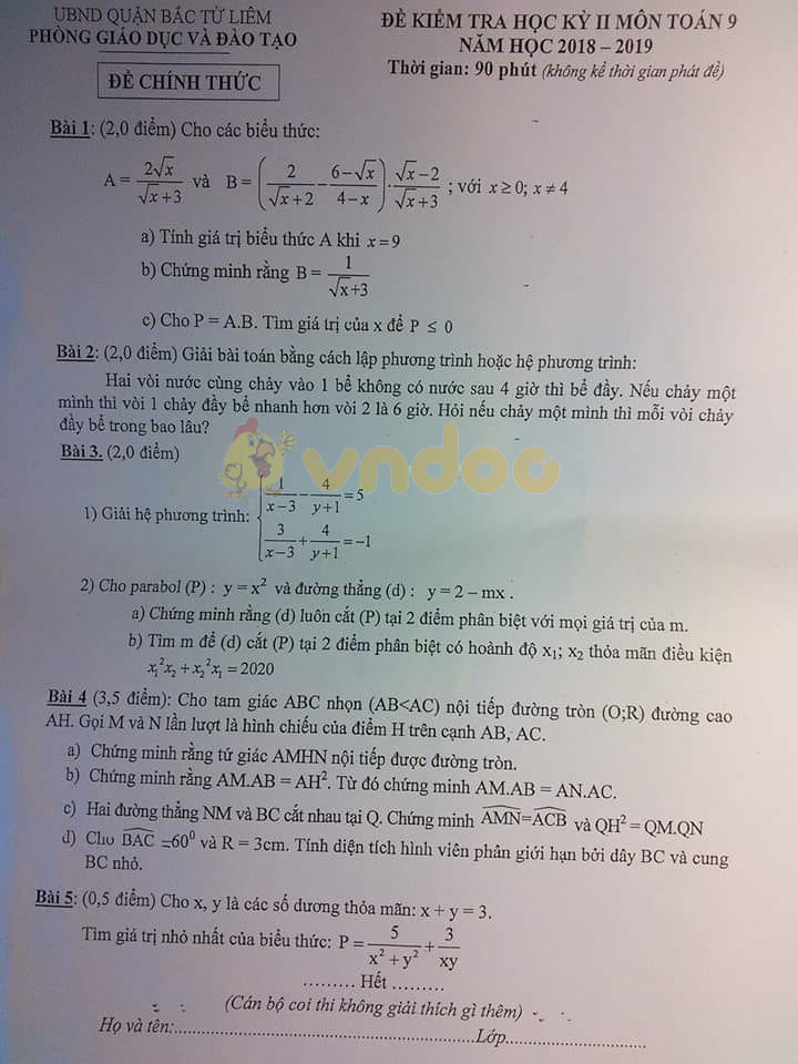 Đề kiểm tra học kì 2 lớp 9 môn Toán Phòng GD&ĐT Bắc Từ Liêm năm học 2018 - 2019