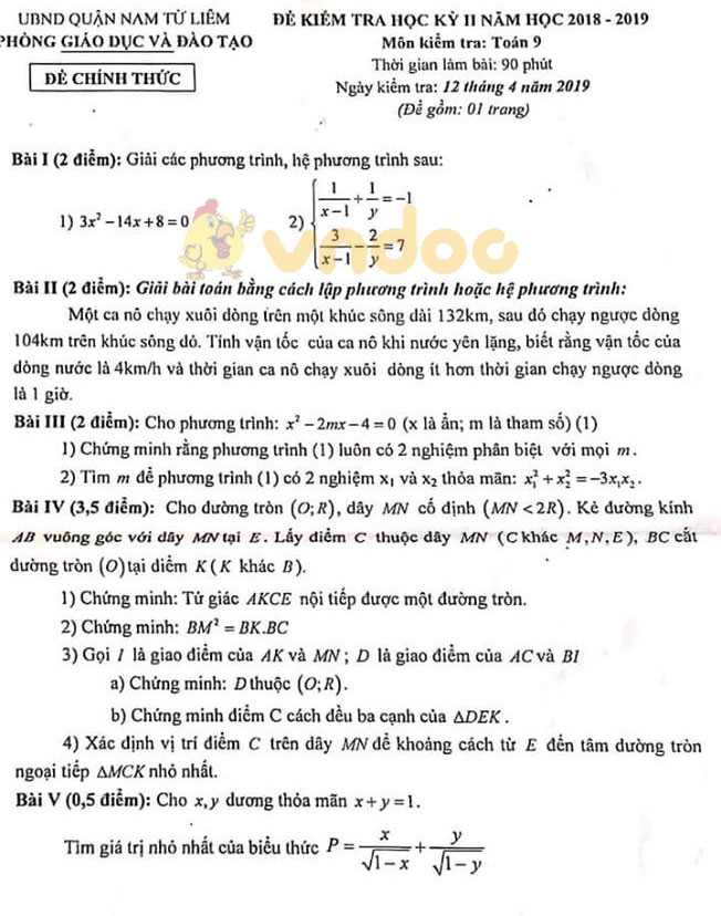 Đề thi học kì 2 lớp 9 môn Toán Phòng GD&ĐT Quận Nam Từ Liên năm học 2018 - 2019