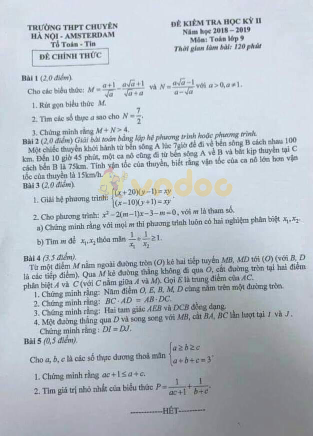 Đề thi học kì 2 lớp 9 môn Toán trường THPT Chuyên Hà Nội - Amsterdam năm học 2018 - 2019