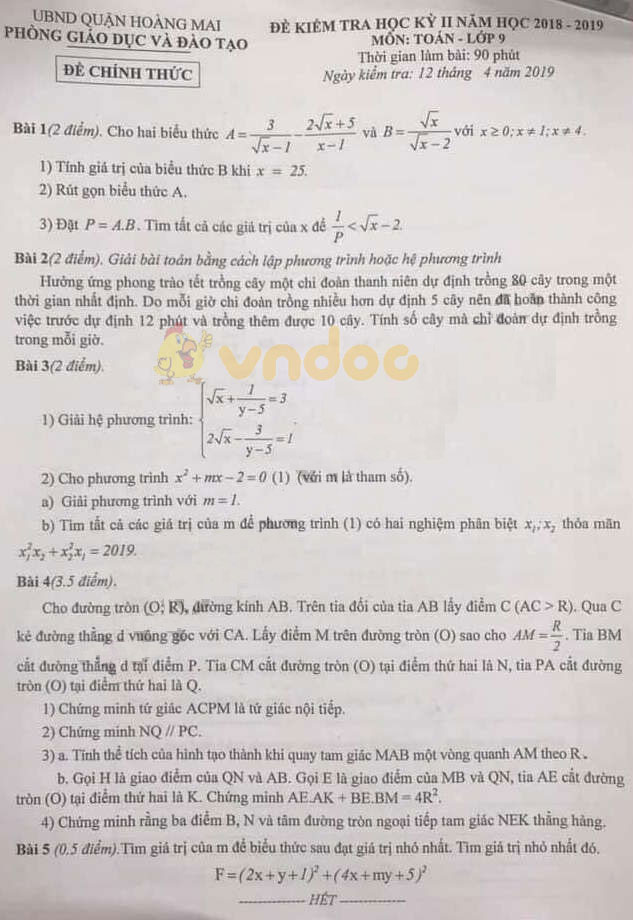 Đề thi học kì 2 lớp 9 môn Toán Phòng GD&ĐT quận Hoàng Mai năm học 2018 - 2019